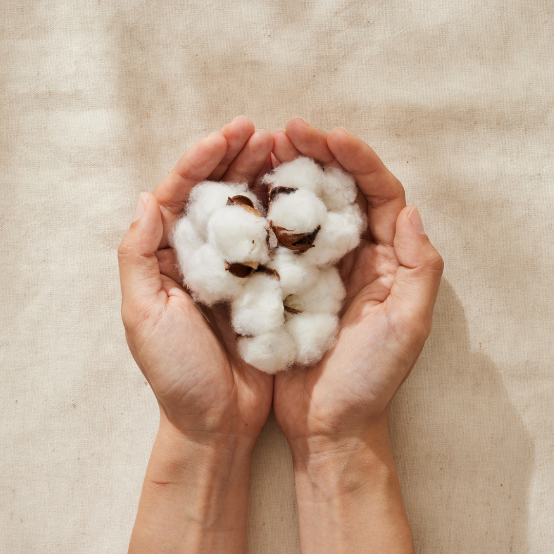 Hands holding a ball of cotton against a beige fabric background