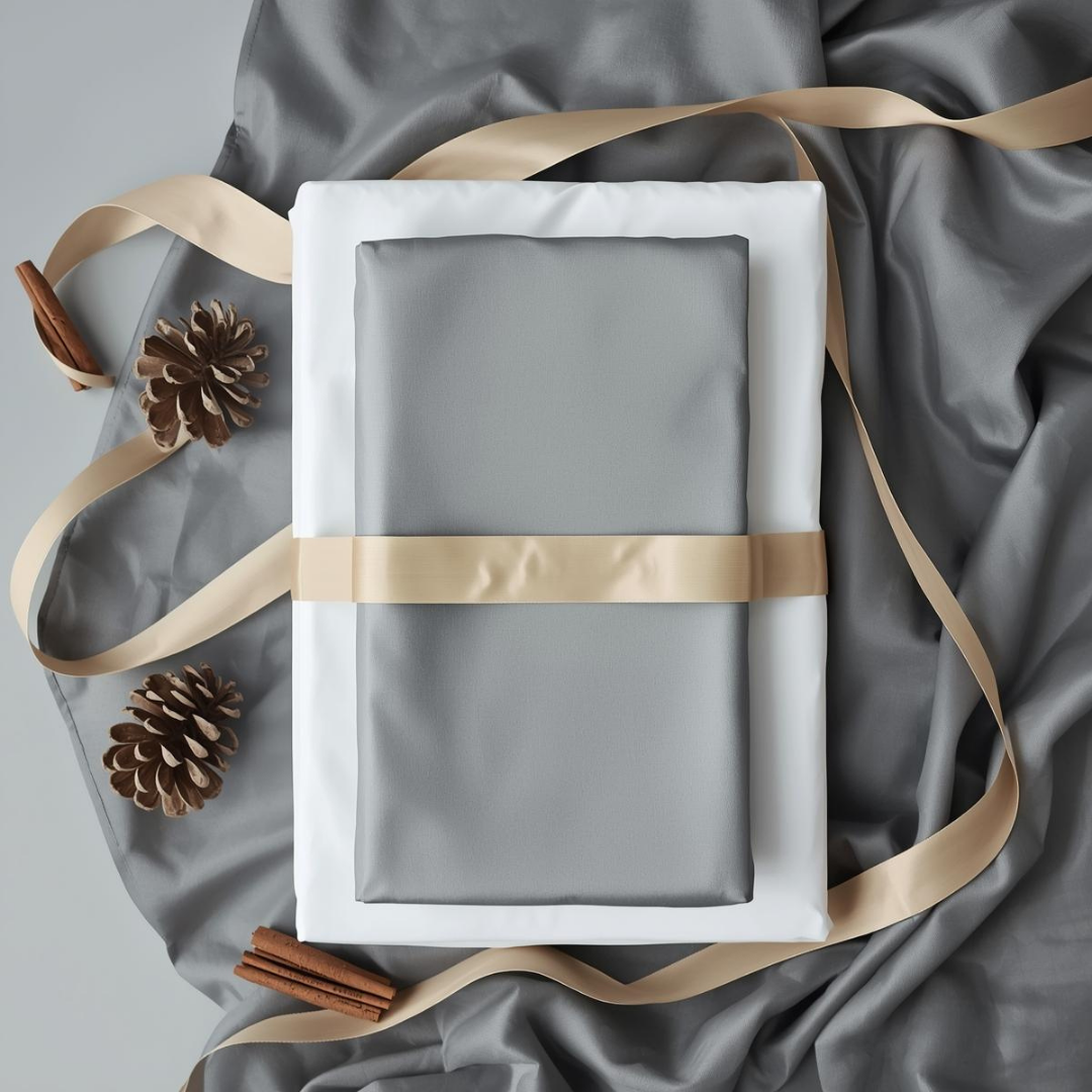 Gray fabric with a white square, gold ribbon, and decorative elements on a gray background.
White pine
Bedding trees
Bedding area
norway spruce