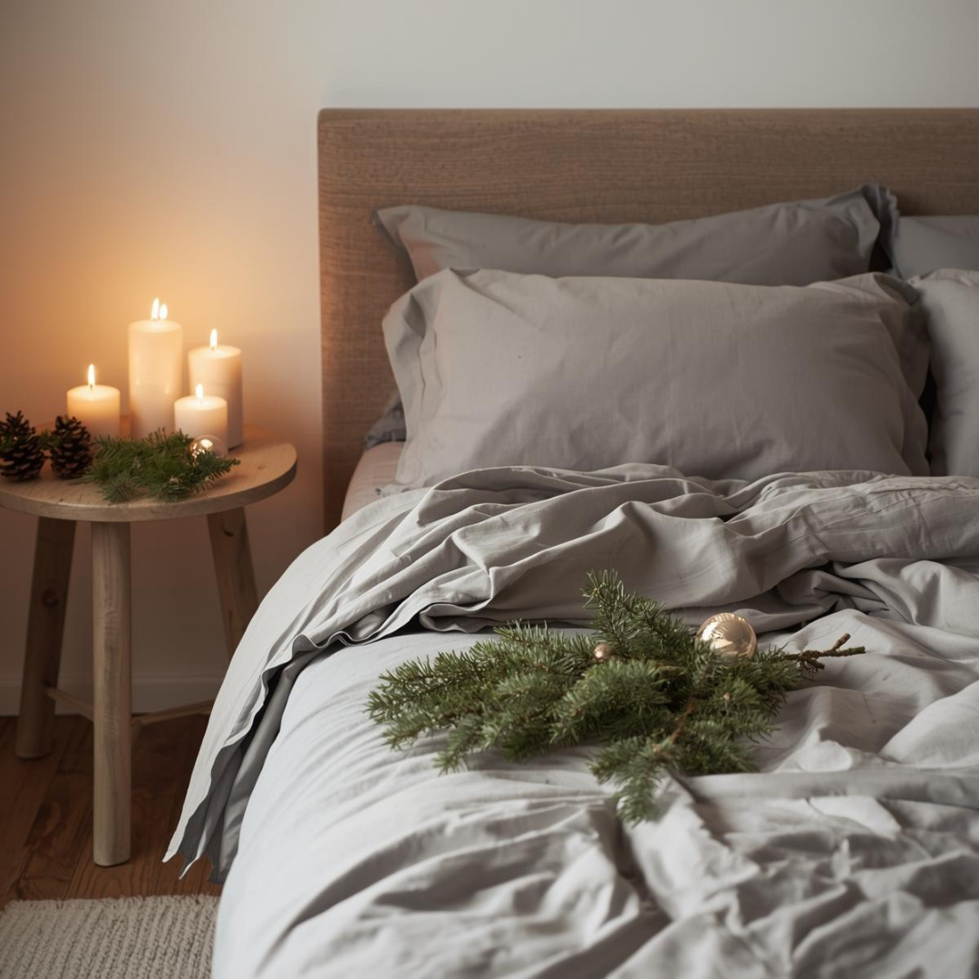 Cozy bedroom with a bed, candles on a side table, and Christmas decorations.