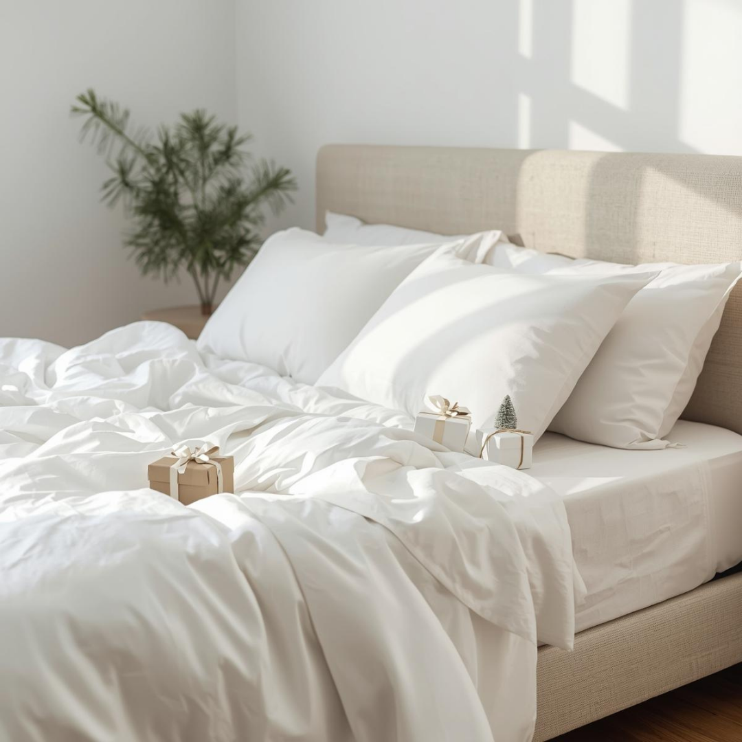 Neatly made bed with white bedding, gifts and pillows in a bright room.