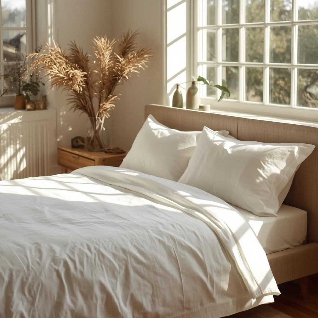 Neatly made bed with white bedding in a bright room with large windows.
White pine
Bedding trees
Bedding area
norway spruce