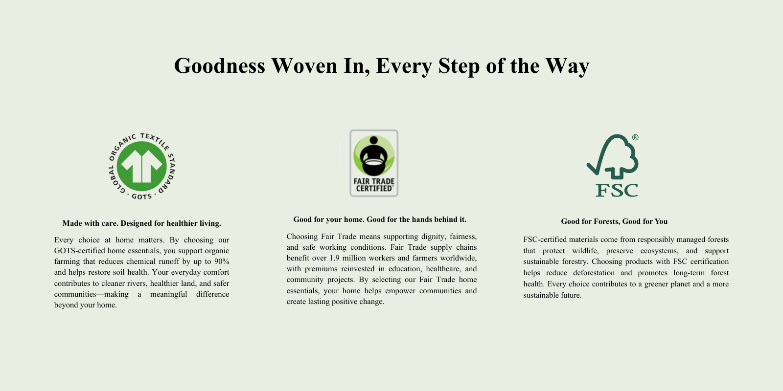 Certification logos and text on a white background with a focus on sustainability and ethical practices.